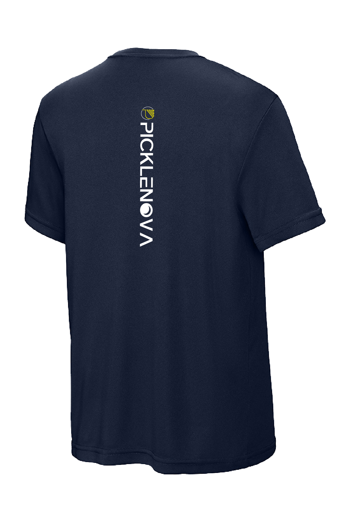 Navy dri-fit t-shirt back with "picklenova" in white, designed for active kids who want comfortable, moisture-wicking apparel.