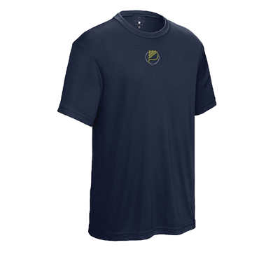 "Youth Navy Dri-Fit Shirt - Breathable and moisture-wicking athletic apparel for active kids." Navy Dri-Fit shirt for youth with a yellow logo on the chest, ideal for active kids seeking breathable athletic wear.